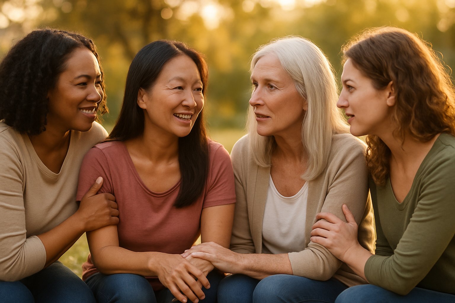 A diverse group of women sitting together outdoors, engaged in a warm and supportive conversation.