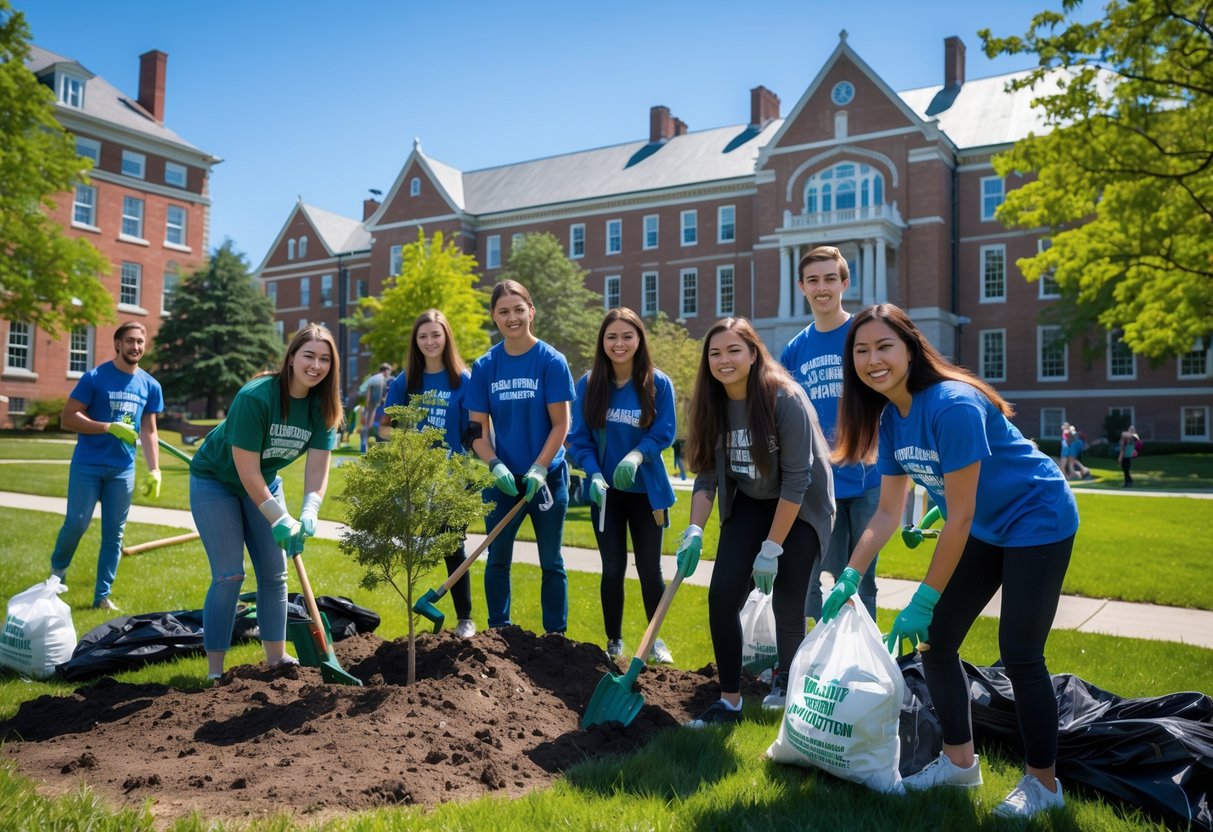45 Fully Funded Scholarships At Dartmouth College 2026 29 A group of diverse college students working together outdoors on a community service project in front of campus buildings.