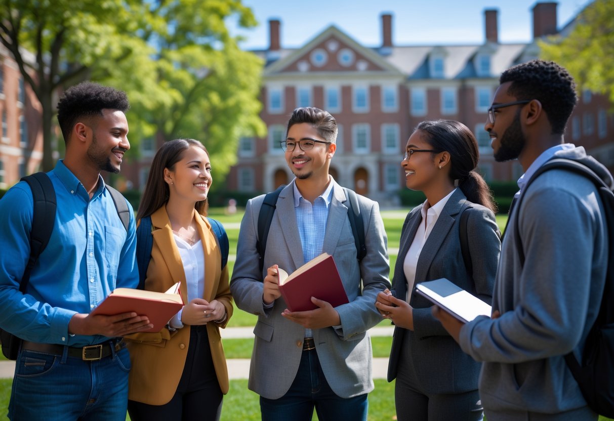 45 Fully Funded Scholarships At Dartmouth College 2026 34 A diverse group of young adults standing and talking on a college campus with classic buildings and green lawns.
