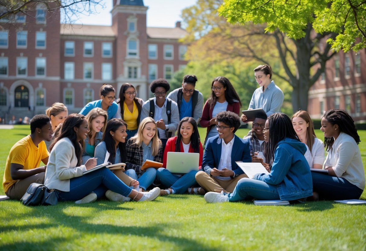45 Fully Funded Scholarships At Dartmouth College 2026 35 A diverse group of college students studying and talking together outdoors on a college campus lawn with historic buildings in the background.