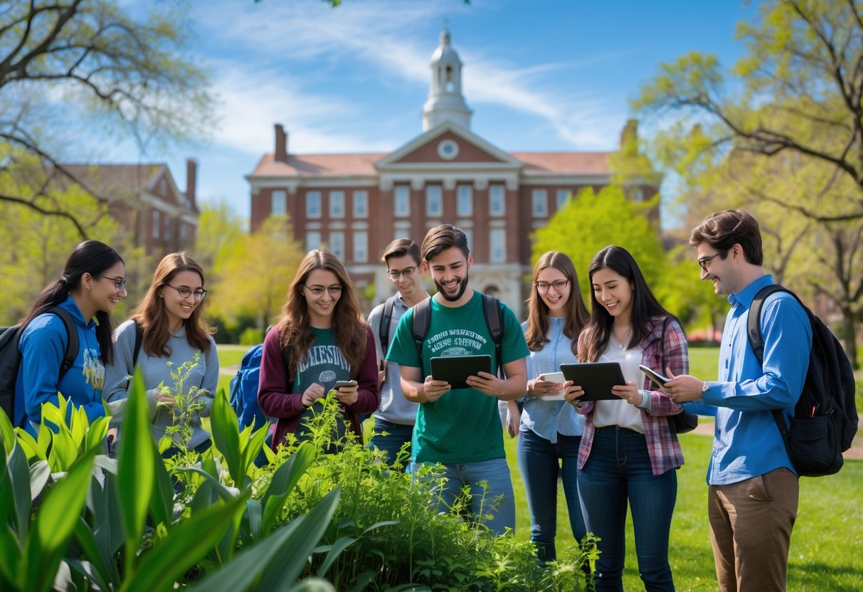 45 Fully Funded Scholarships At Dartmouth College 2026 36 A group of college students studying plants and using laptops on a green campus with a classic college building in the background.