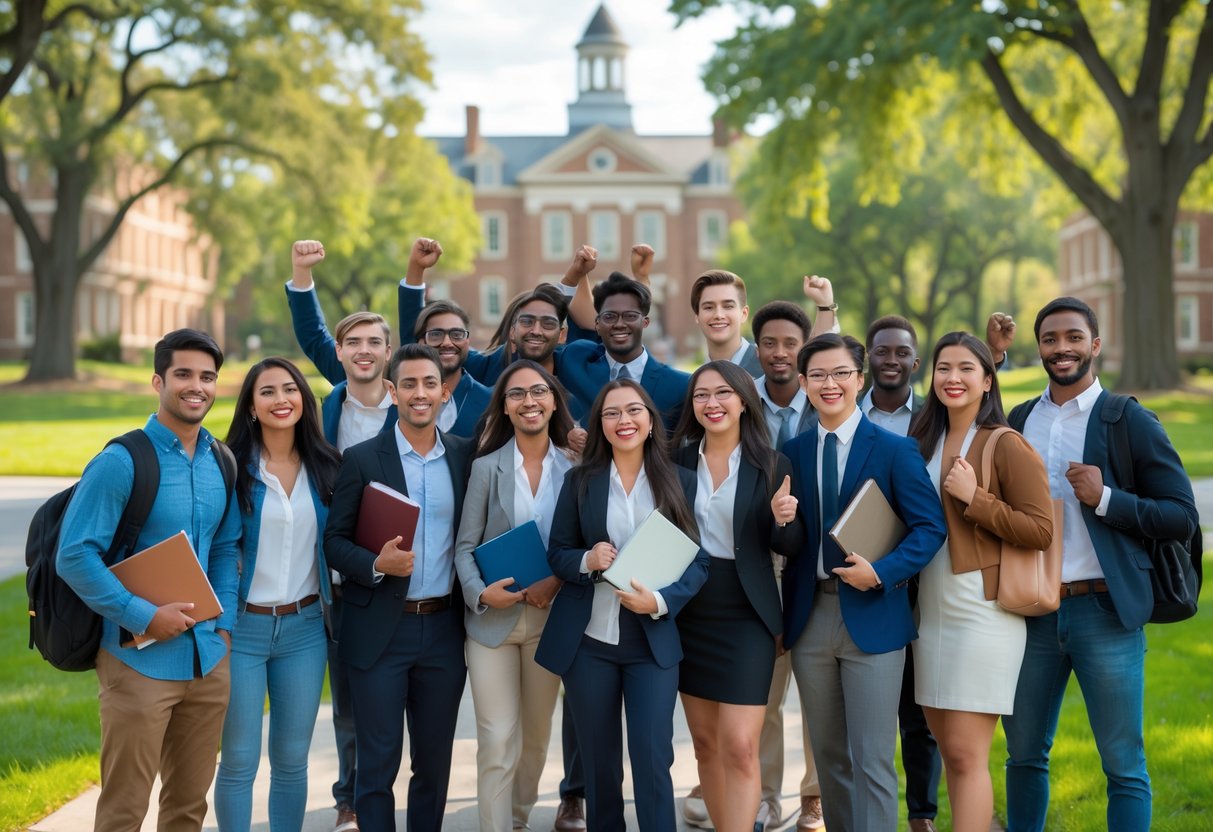 45 Fully Funded Scholarships At Dartmouth College 2026 37 A group of diverse young adults smiling and celebrating outdoors on a college campus with classic buildings and green lawns.