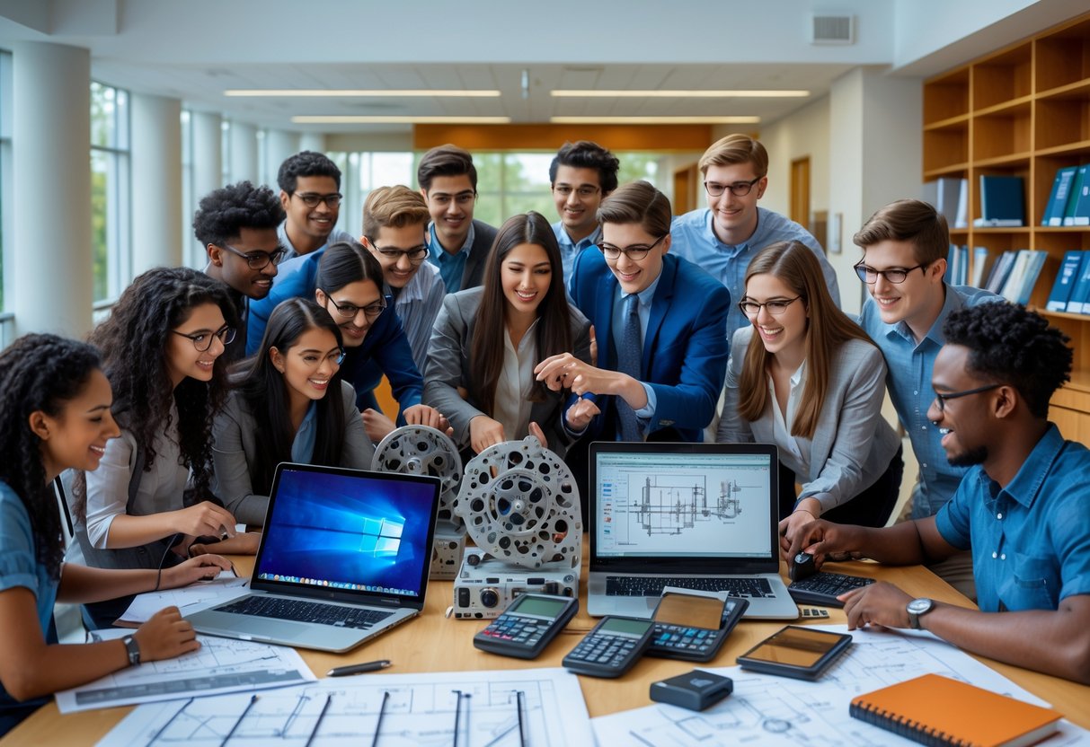 45 Fully Funded Scholarships At Dartmouth College 2026 38 A group of diverse college students collaborating on engineering projects in a modern university workspace.