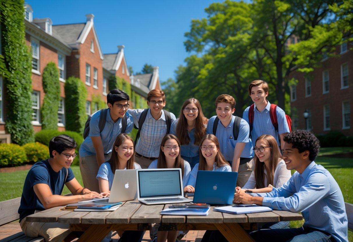 45 Fully Funded Scholarships At Dartmouth College 2026 40 A group of diverse students studying and collaborating outdoors on a college campus with historic buildings and green trees in the background.