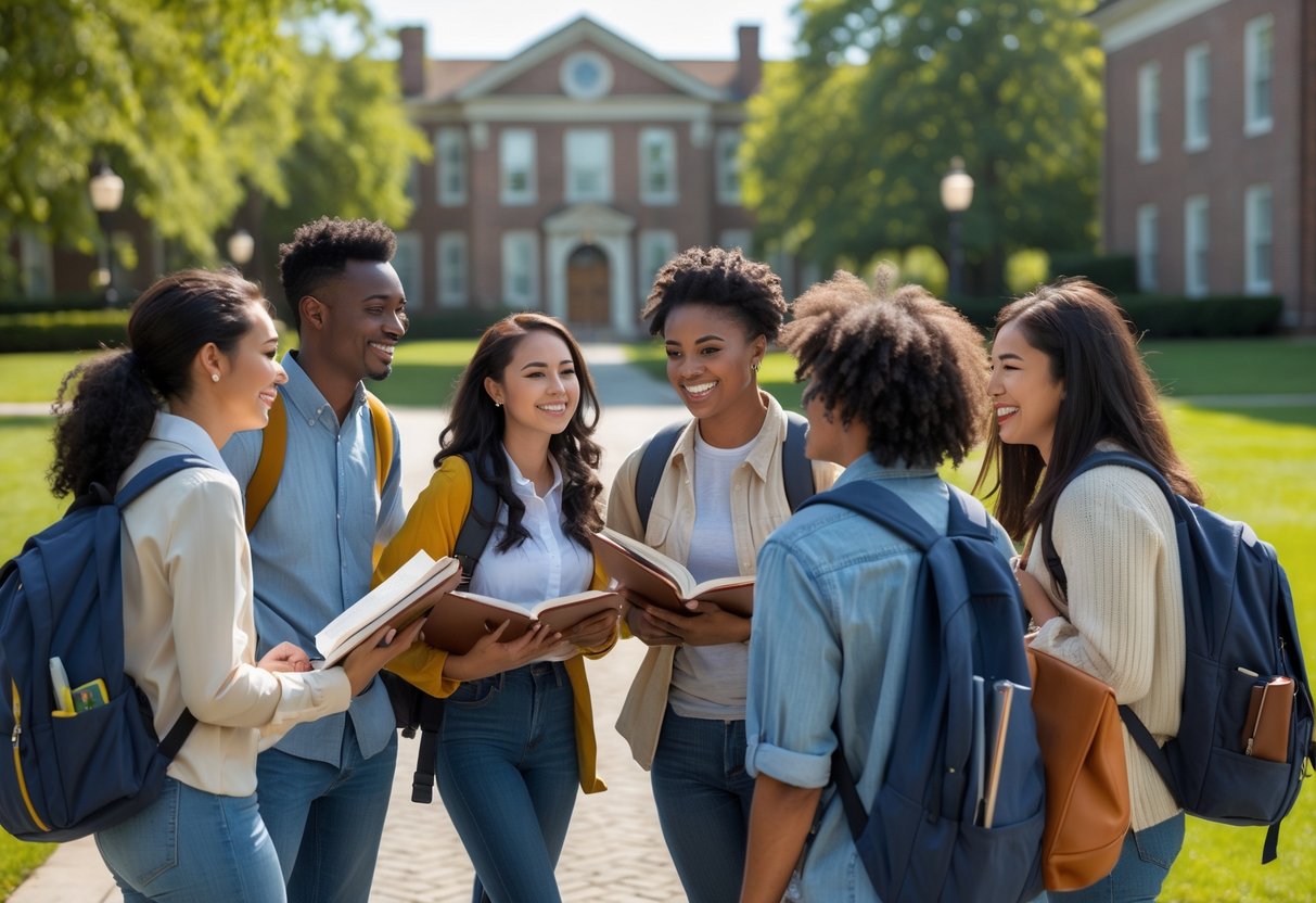 45 Fully Funded Scholarships At Dartmouth College 2026 43 A group of diverse college students studying and talking together on a college campus with ivy-covered buildings in the background.