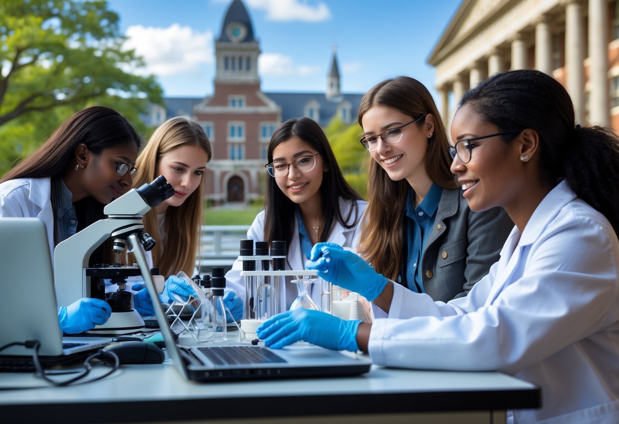 45 Fully Funded Scholarships At Dartmouth College 2026 44 A group of young women working together in a science laboratory on a college campus with campus buildings and greenery in the background.