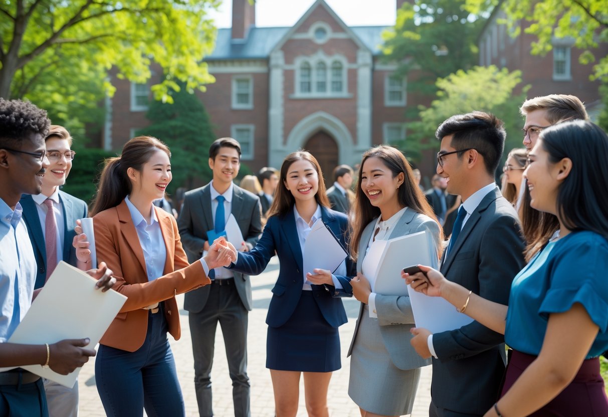 45 Fully Funded Scholarships At Dartmouth College 2026 45 A diverse group of young students celebrating scholarship awards on a college campus with historic buildings and trees in the background.
