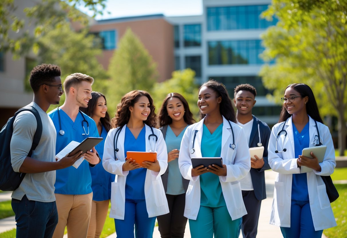 45 Fully Funded Scholarships At Dartmouth College 2026 46 A diverse group of pre-med and healthcare students studying together outdoors on a college campus with academic buildings and trees in the background.