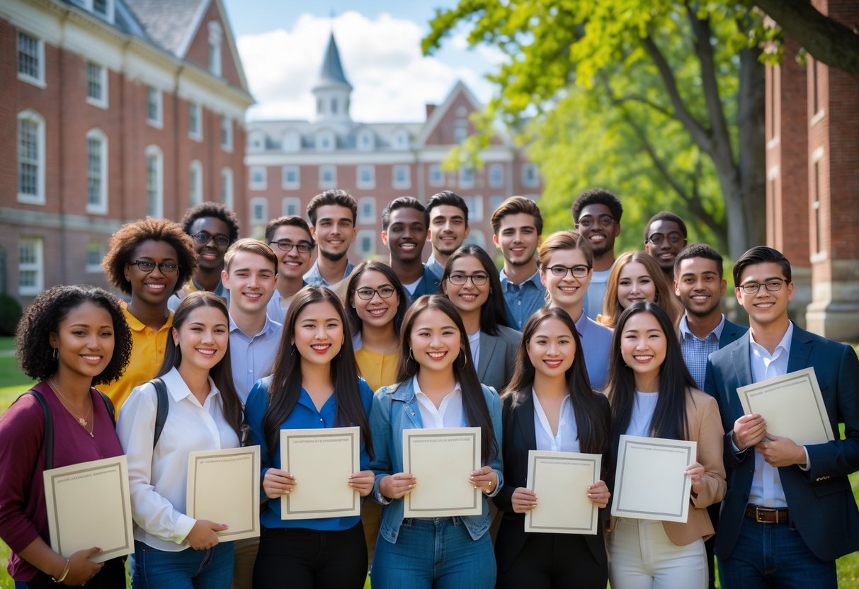 45 Fully Funded Scholarships At Dartmouth College 2026 47 A diverse group of college students smiling and celebrating outdoors on a college campus.