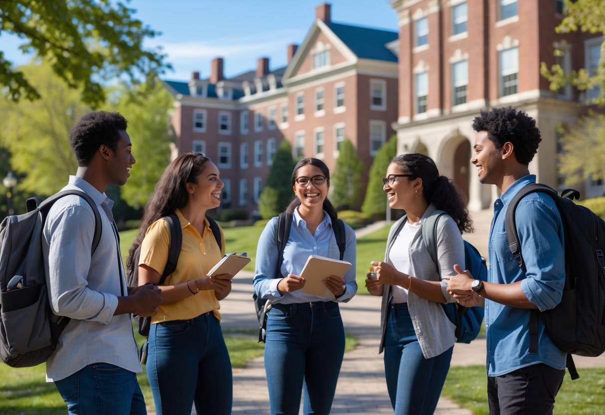 45 Fully Funded Scholarships At Dartmouth College 2026 48 A group of diverse college students talking together outside on a campus with brick buildings and trees.