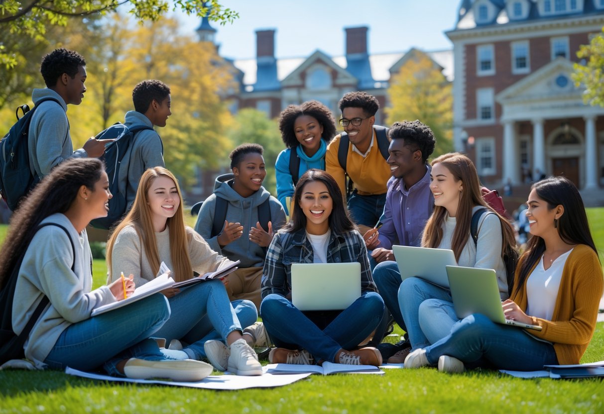 45 Fully Funded Scholarships At Dartmouth College 2026 50 A group of diverse college students studying and talking together on a green lawn with historic campus buildings in the background.