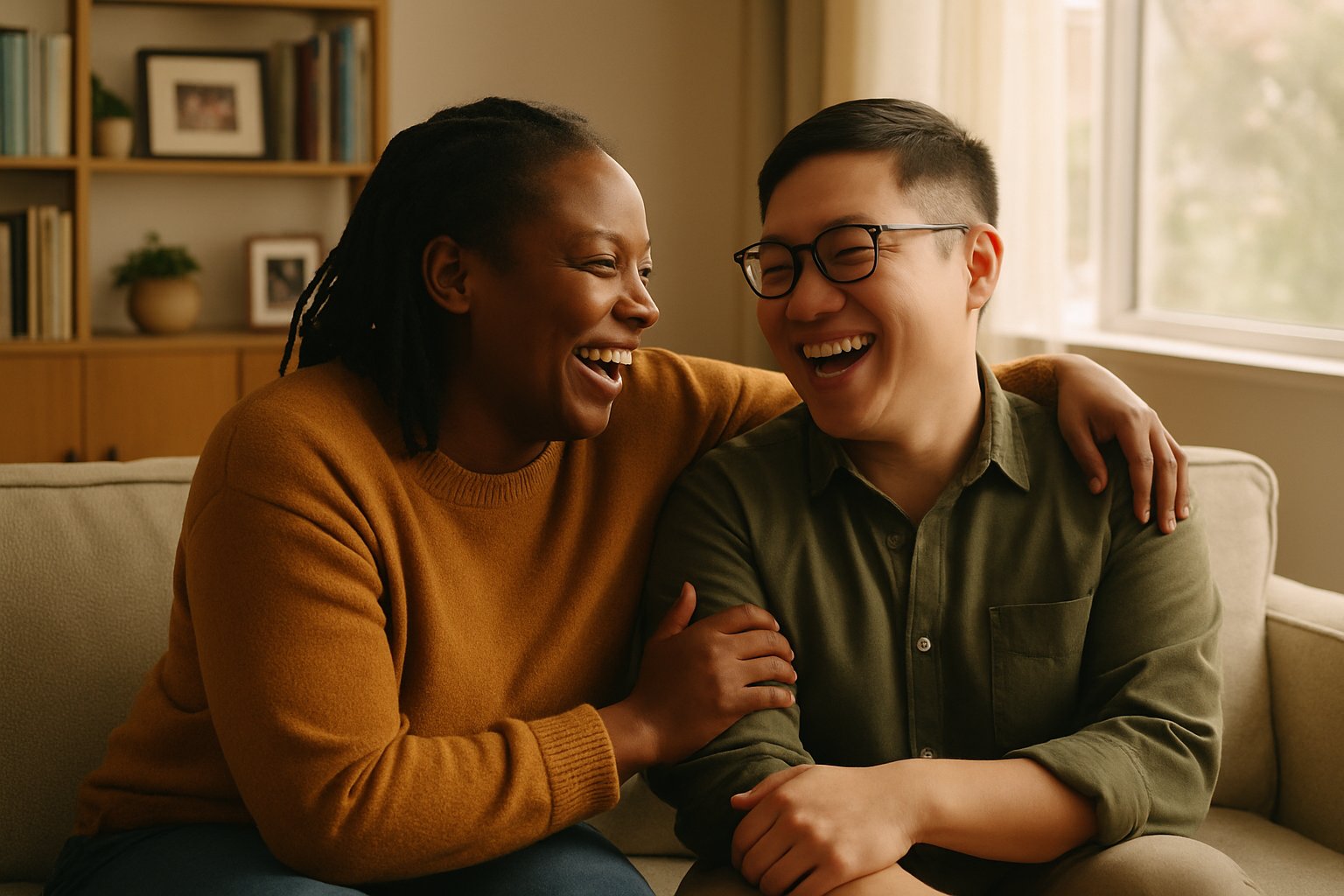 Two friends sitting closely on a sofa, smiling and sharing a warm moment in a cozy living room.