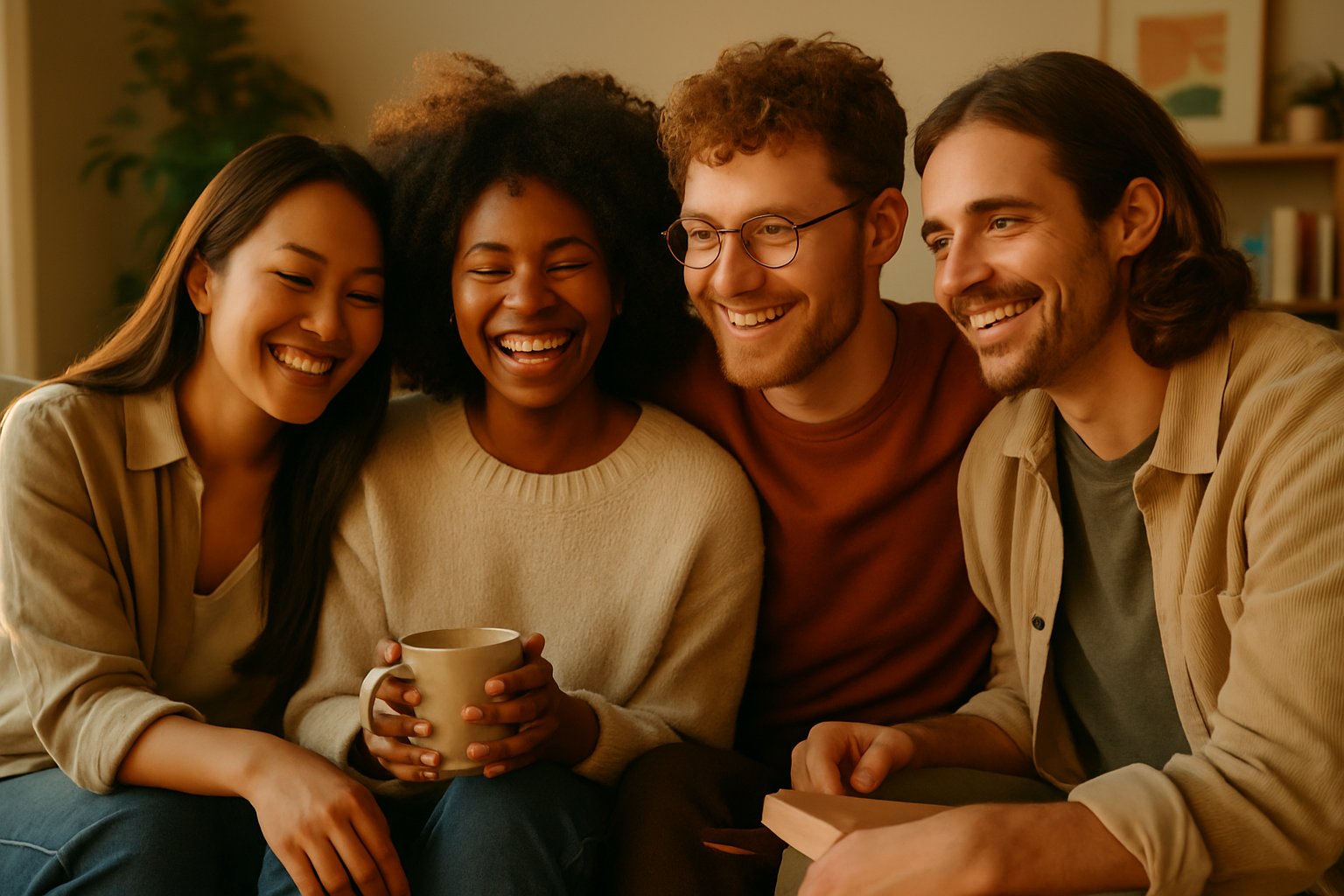 A group of friends smiling and interacting warmly together in a cozy setting, showing close connection and understanding.