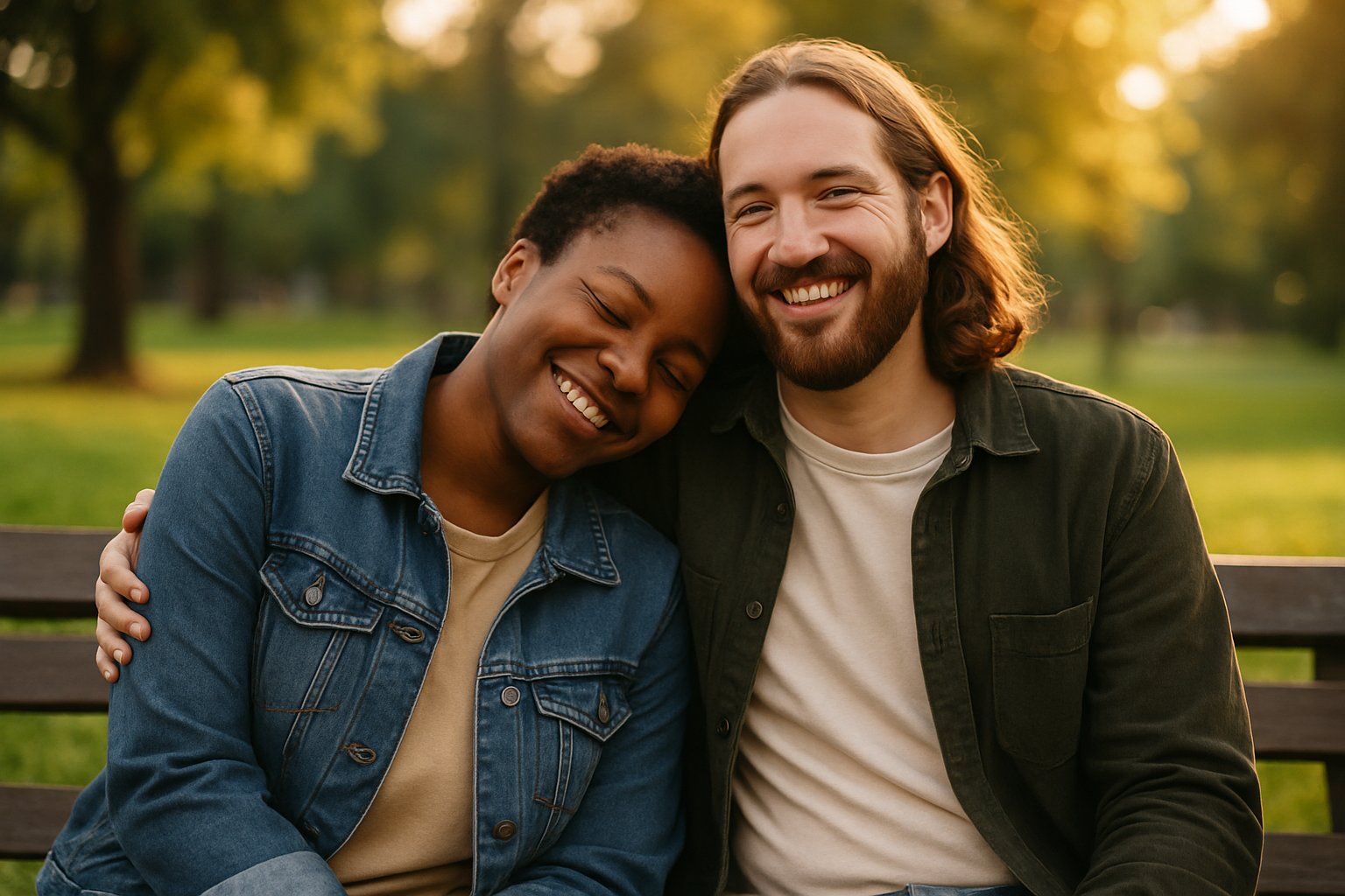 Two friends sitting closely on a park bench, smiling and sharing a warm, trusting moment outdoors.