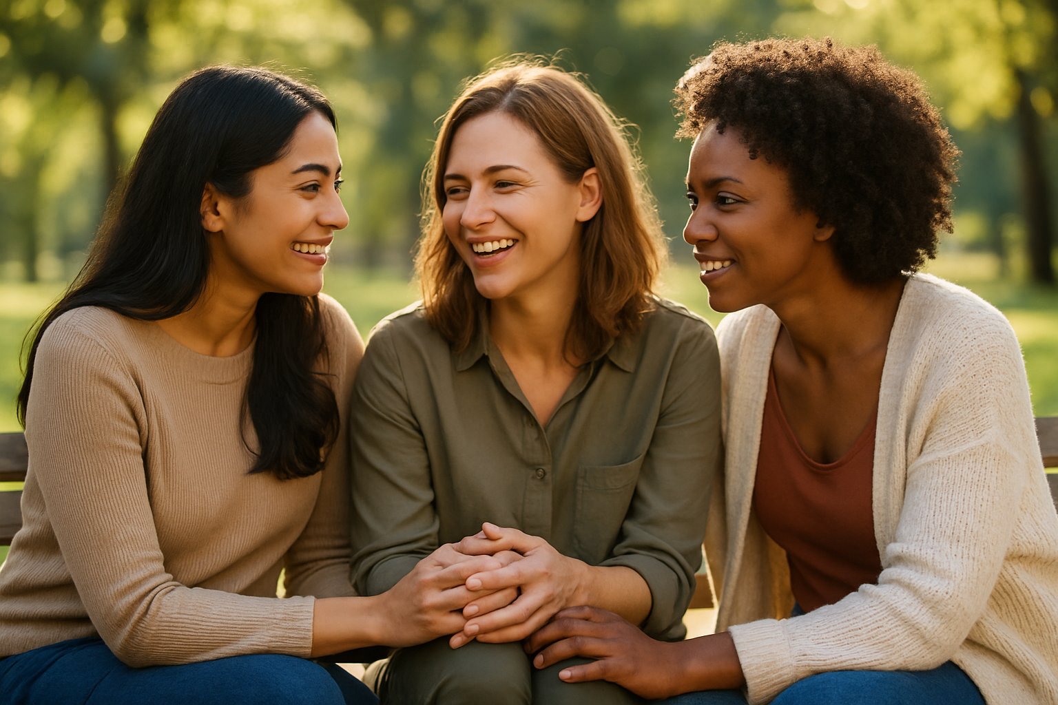 Three women sitting closely on a park bench, smiling and holding hands as they share a heartfelt conversation.