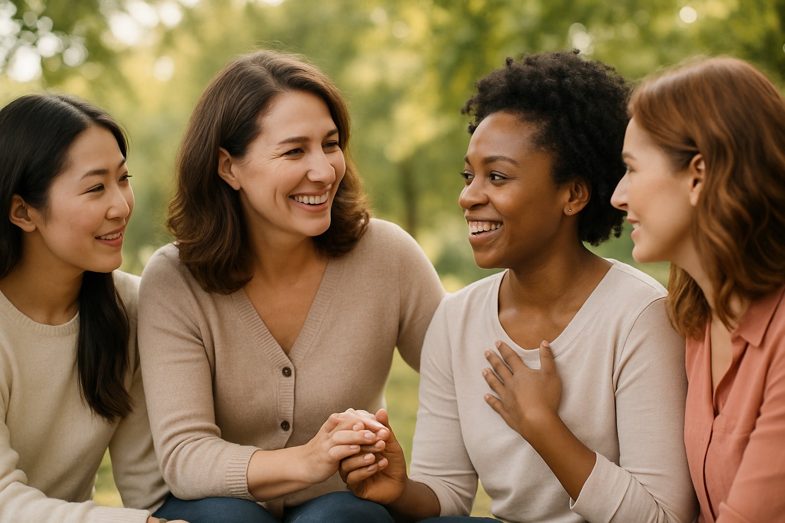 A group of women talking and smiling together outdoors, showing close friendship and support.