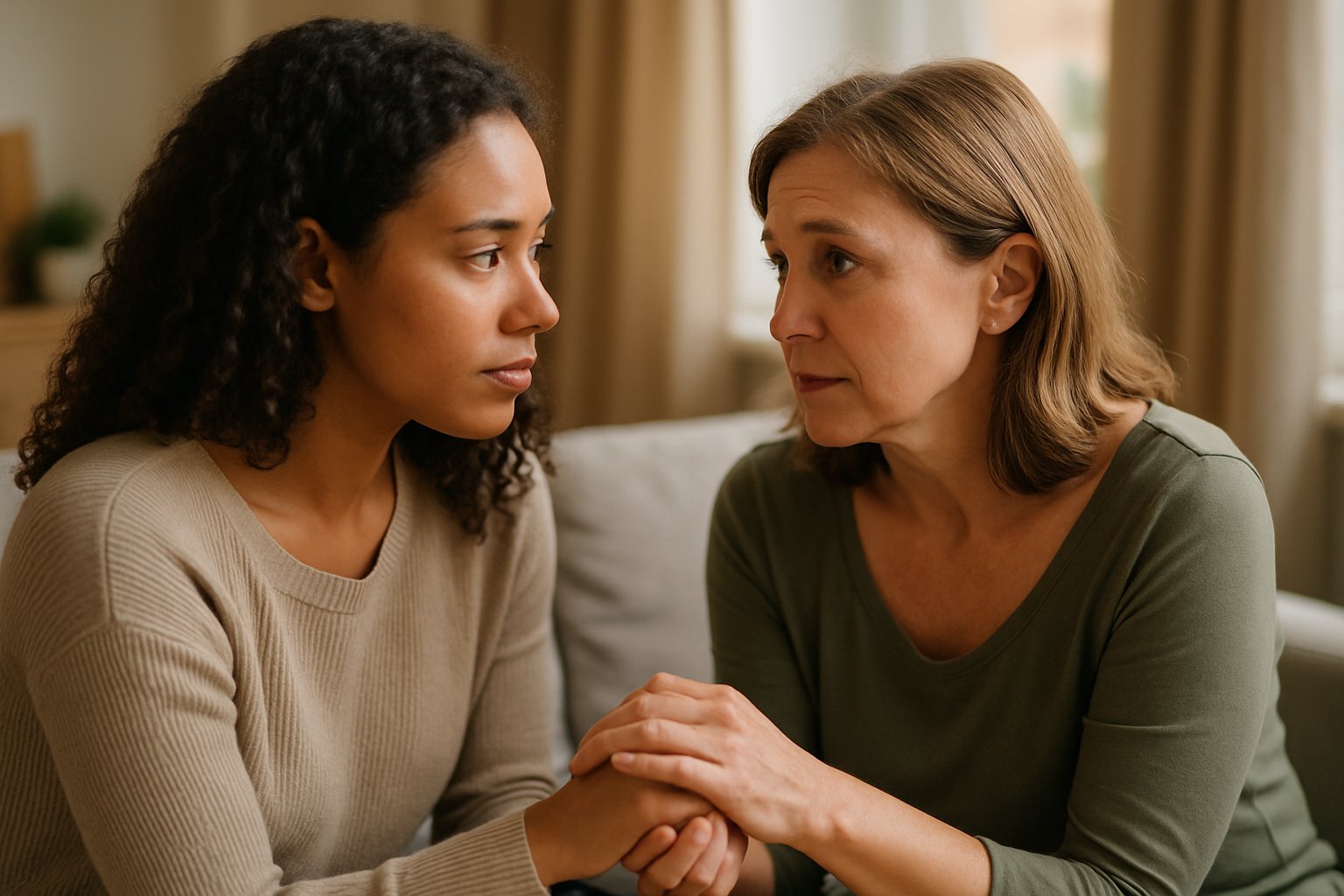 Two women sitting close together indoors, sharing a warm and supportive moment with gentle eye contact and hand touch.