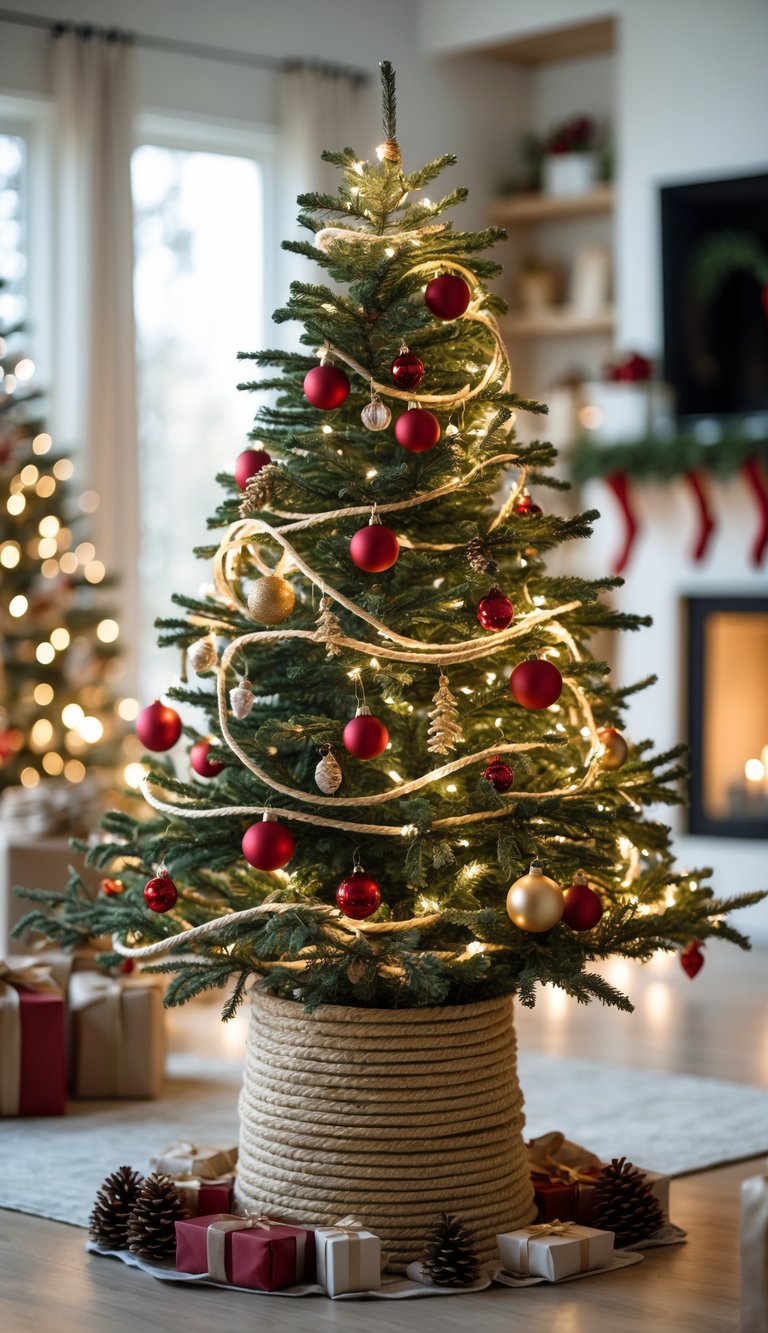 A decorated Christmas tree with a rope-wrapped collar at its base in a cozy living room with holiday decorations.