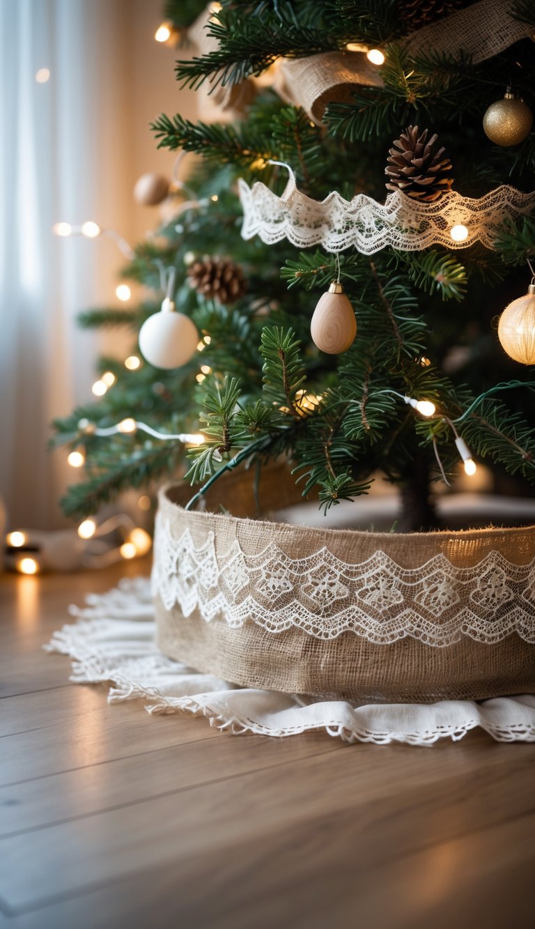 A Christmas tree with a burlap and lace tree collar at its base, decorated with lights and natural ornaments.