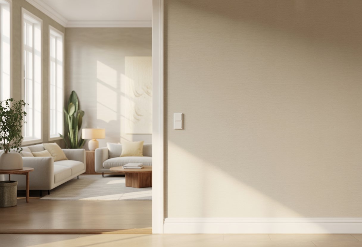 A modern living room with walls painted in a soft off-white color, featuring light furniture and natural light coming through large windows.