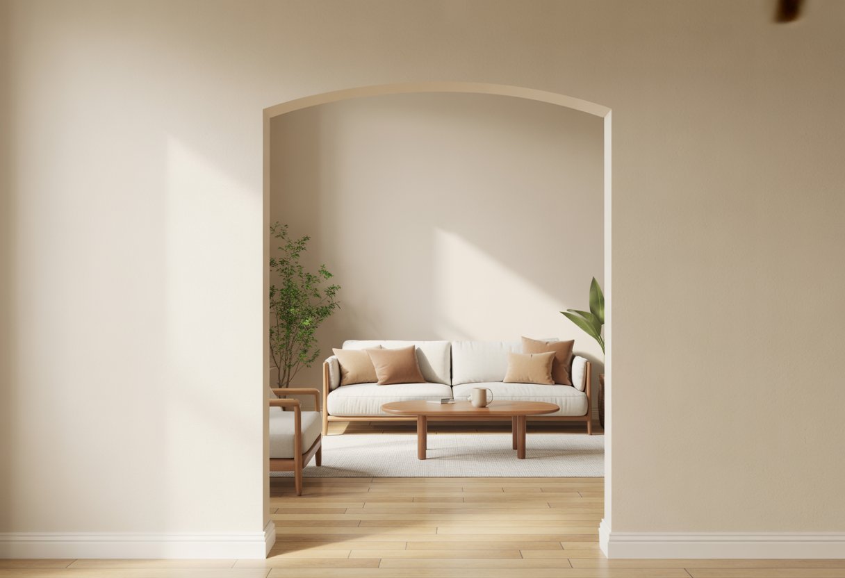 A bright, modern living room with walls painted in a warm off-white color, featuring a white sofa, wooden coffee table, and green plants.