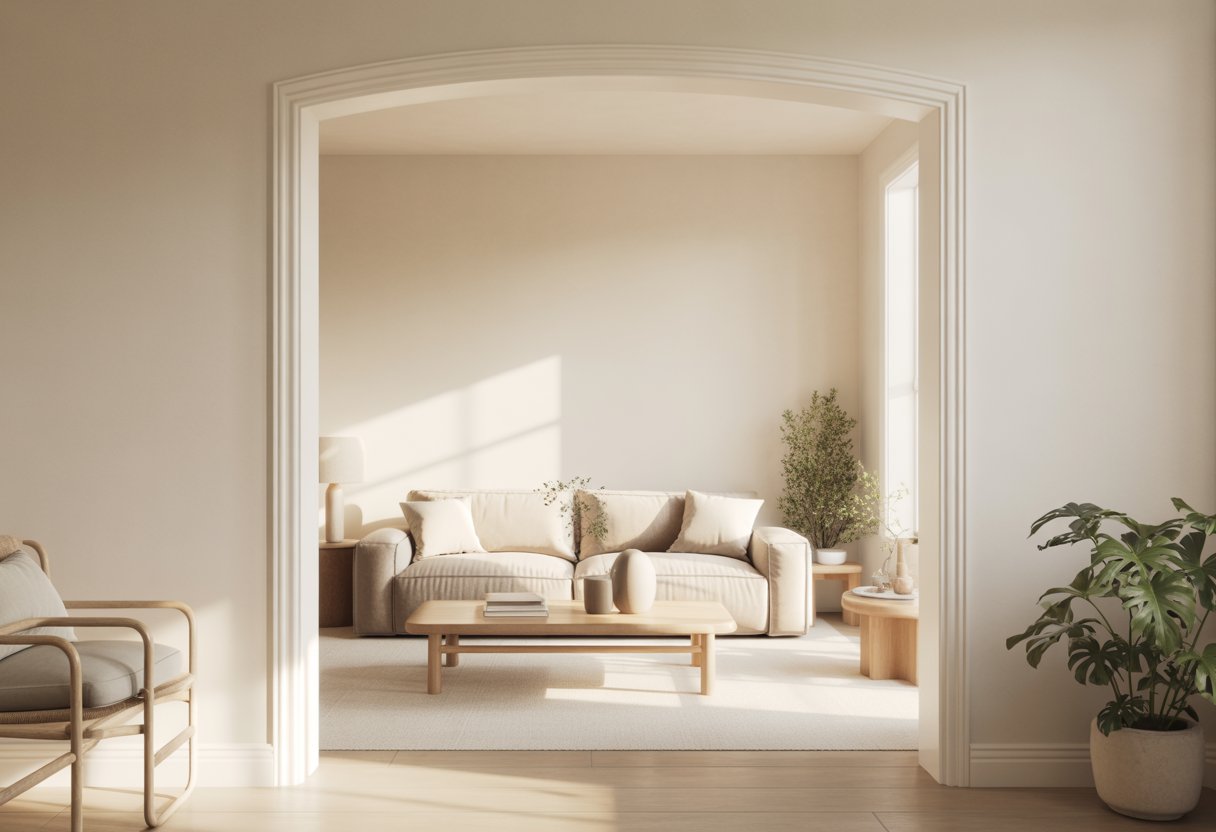 A calm living room with soft off-white walls, natural light, light wooden furniture, and green plants.