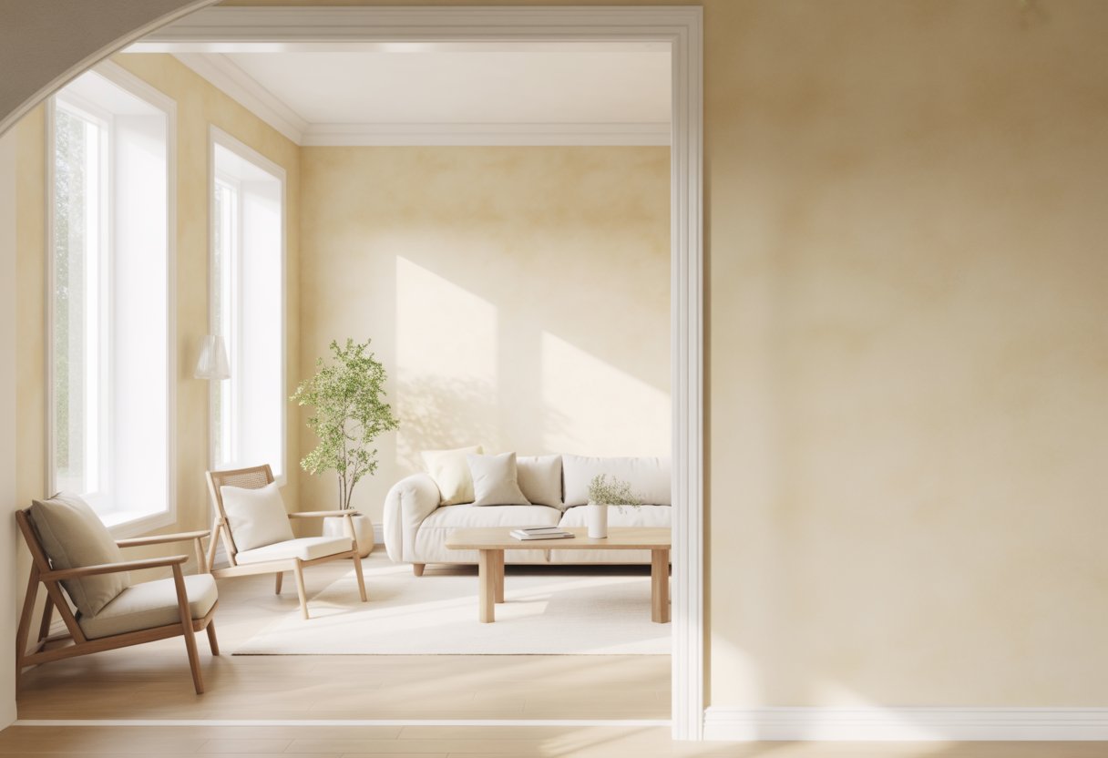 A bright, cozy living room with walls painted in a warm off-white color, featuring light wood furniture and a green plant near large windows.