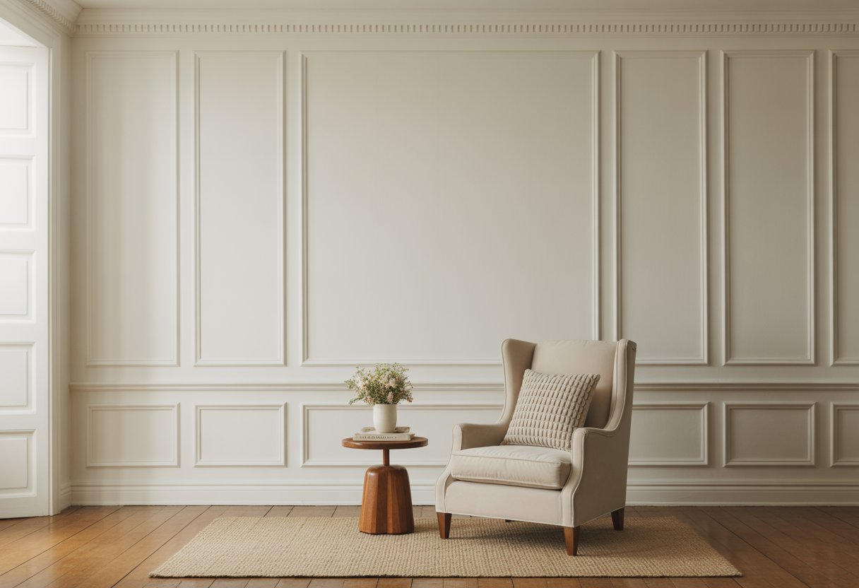 A bright, cozy room with off-white walls, a beige armchair, wooden side table, and natural light coming through a large window.