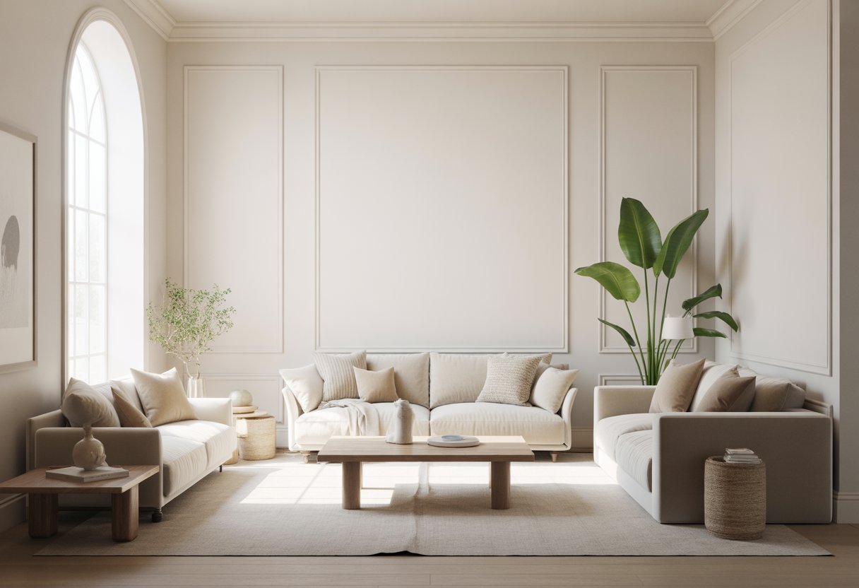 A bright living room with off-white walls, natural light, neutral furniture, and green plants.