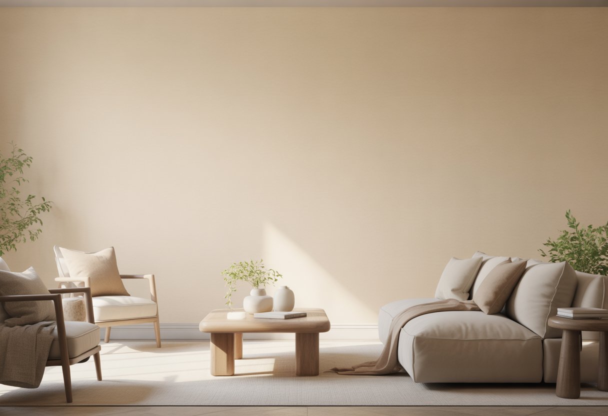 A cozy living room with creamy off-white walls, neutral furniture, and green plants, bathed in soft natural light.