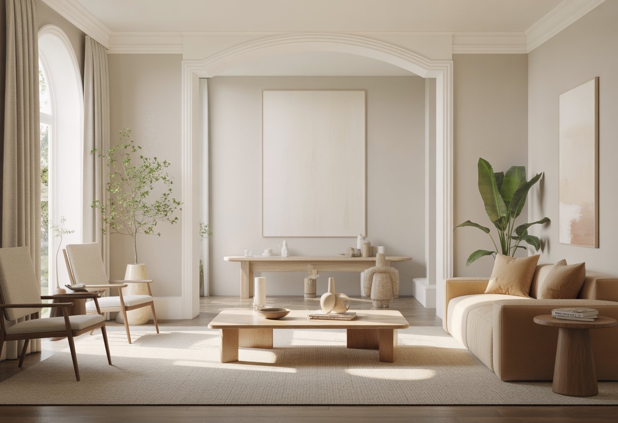 A bright living room with walls painted in a warm creamy off-white color, featuring a beige sofa, wooden coffee table, plants, and large windows letting in natural light.