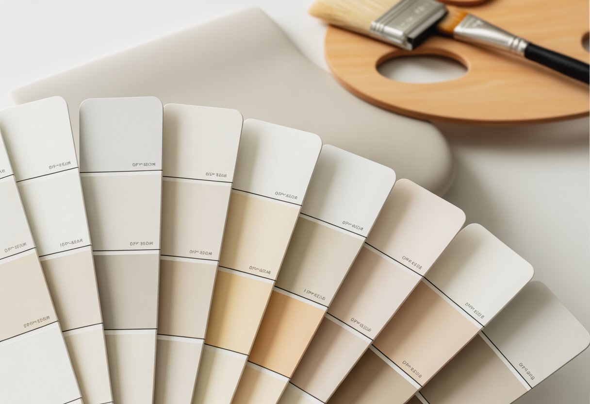 A collection of off-white paint swatches arranged in a fan shape with a painter's palette and brush nearby.
