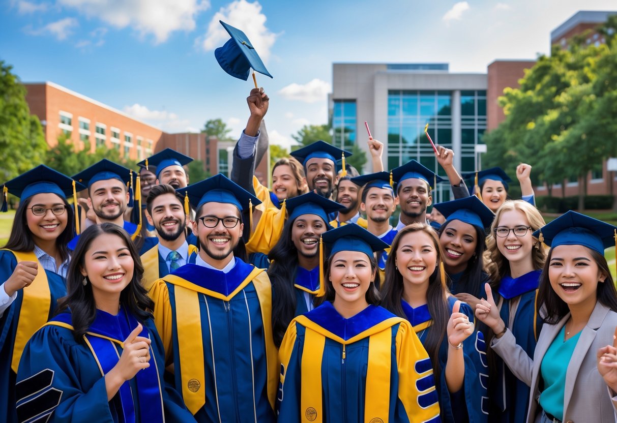 A group of diverse college students celebrating on a university campus with graduation caps and academic regalia.