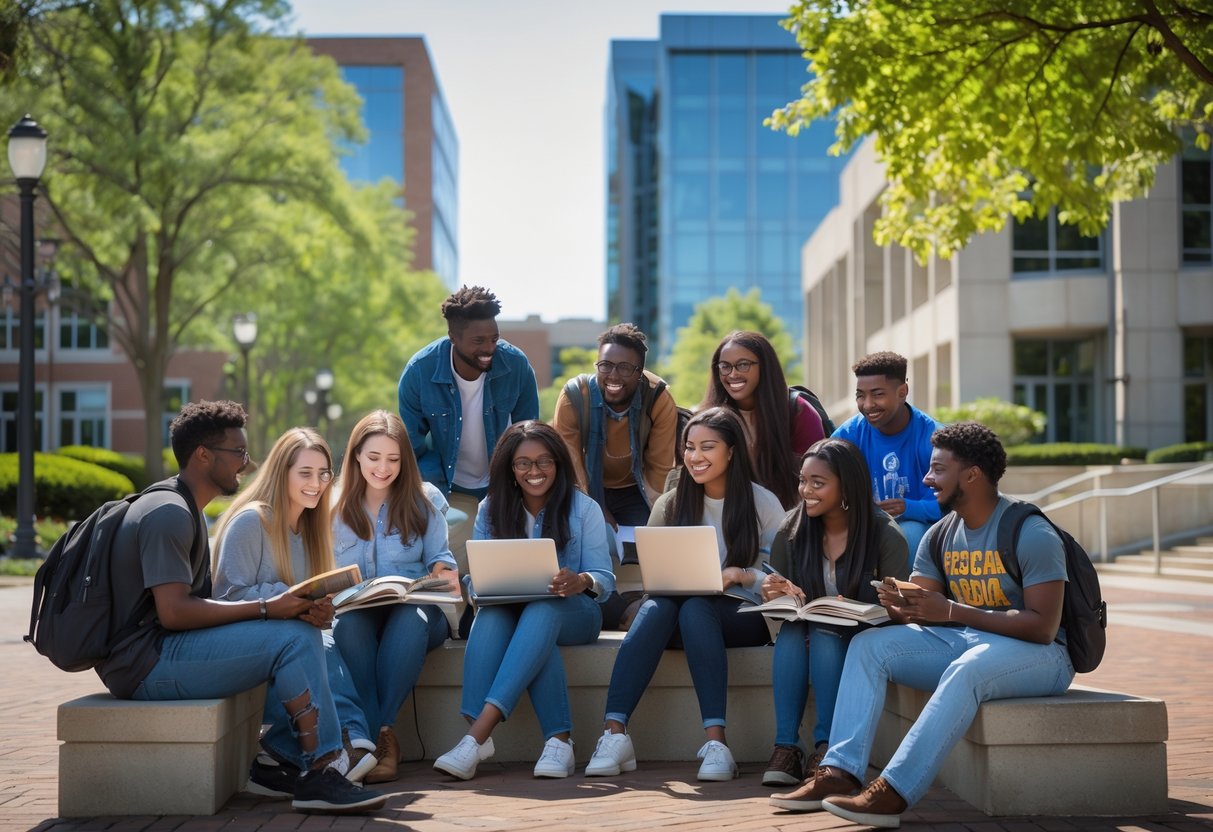 A group of diverse college students studying together outside on a university campus with modern buildings and trees in the background.