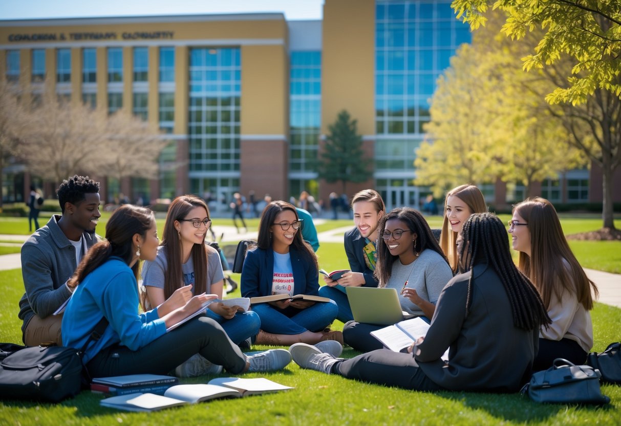 A group of diverse college students studying and talking together outdoors on the Georgia Tech campus with modern buildings in the background.