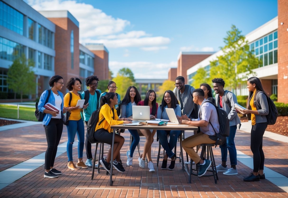 A group of diverse college students studying together outdoors on a university campus with modern buildings and greenery in the background.