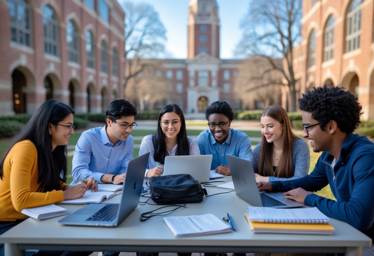 A group of diverse graduate students studying together outdoors on the Georgia Tech campus with university buildings in the background.