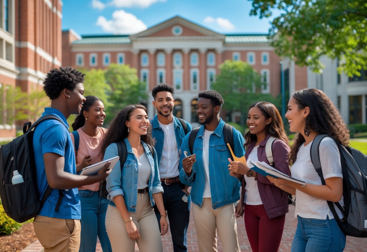 A group of diverse university students smiling and talking outdoors on a campus with modern buildings and greenery.