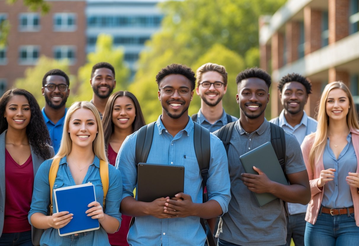 A group of diverse college students smiling and holding books outdoors on a university campus with modern buildings and trees in the background.