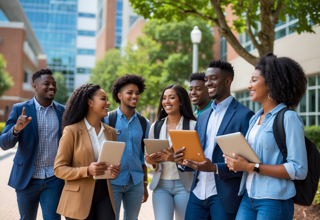 A group of diverse college students smiling and talking outdoors on a university campus with modern buildings and trees in the background.