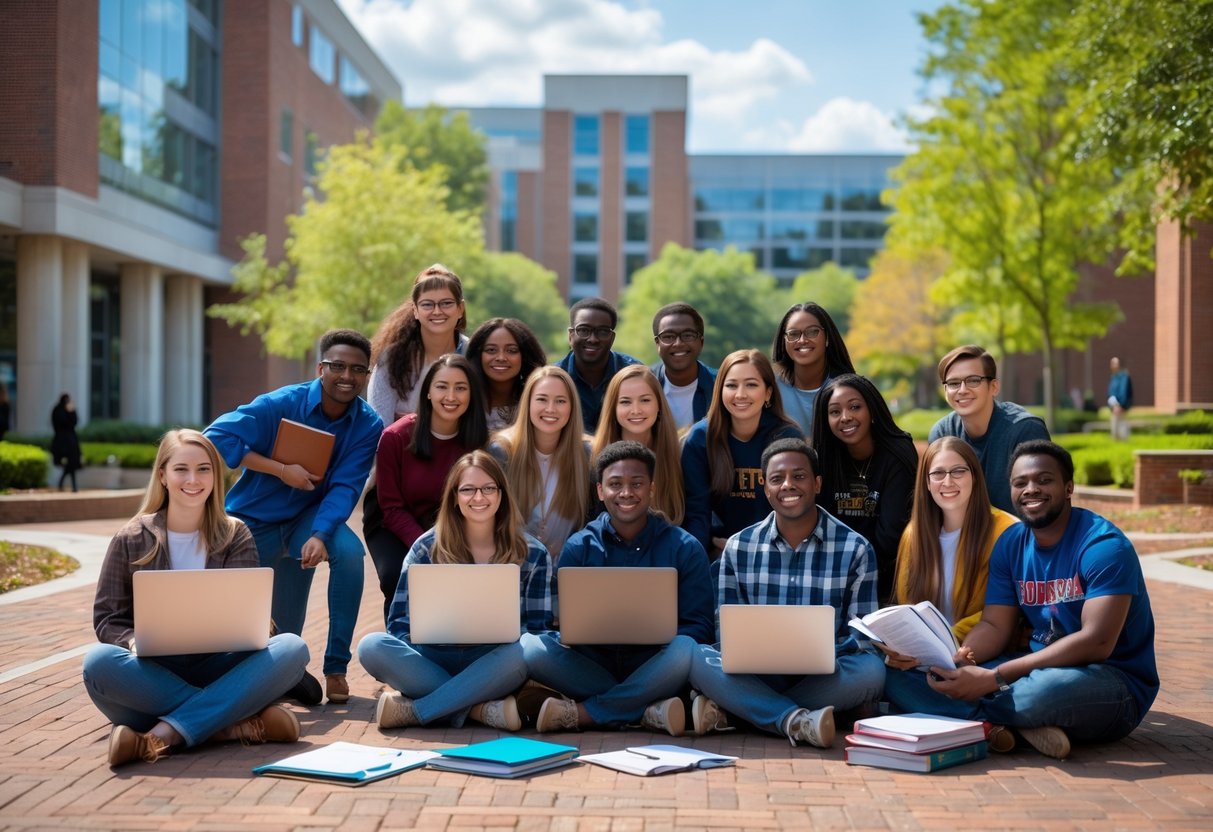 A group of diverse college students studying together outdoors on a university campus with modern buildings and green trees in the background.
