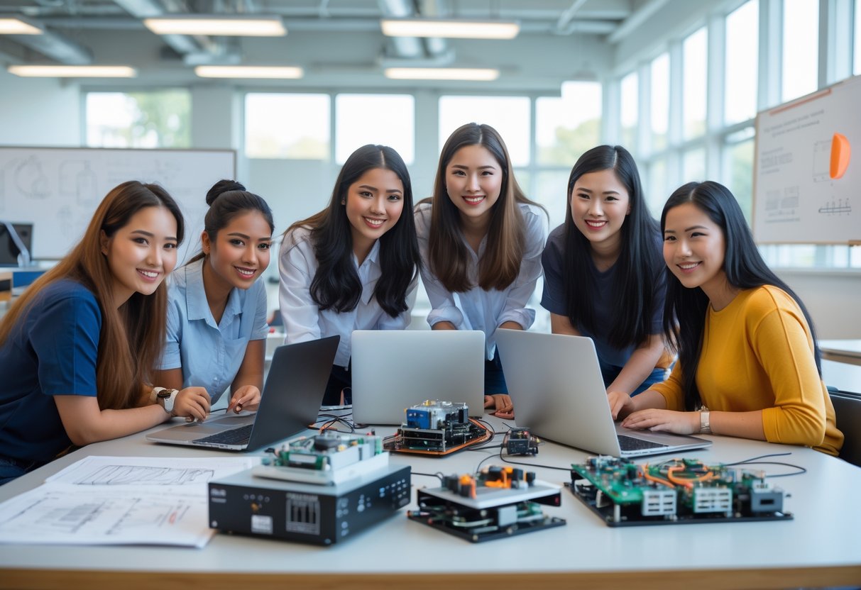 A diverse group of women engineering students working together around a table with laptops and technical equipment in a bright university classroom.