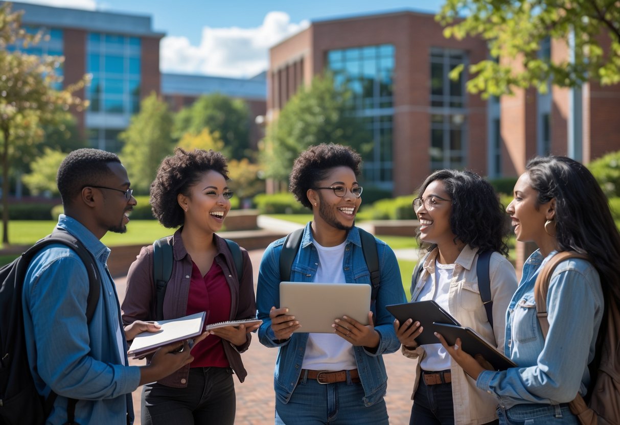 A diverse group of college students studying and talking together outdoors on a university campus.
