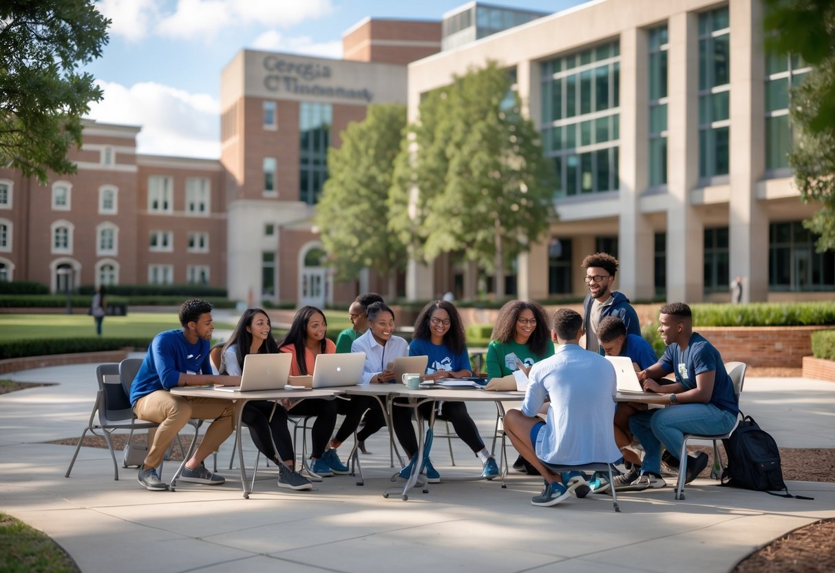 A group of diverse university students studying together outdoors on a university campus with modern buildings and green spaces in the background.