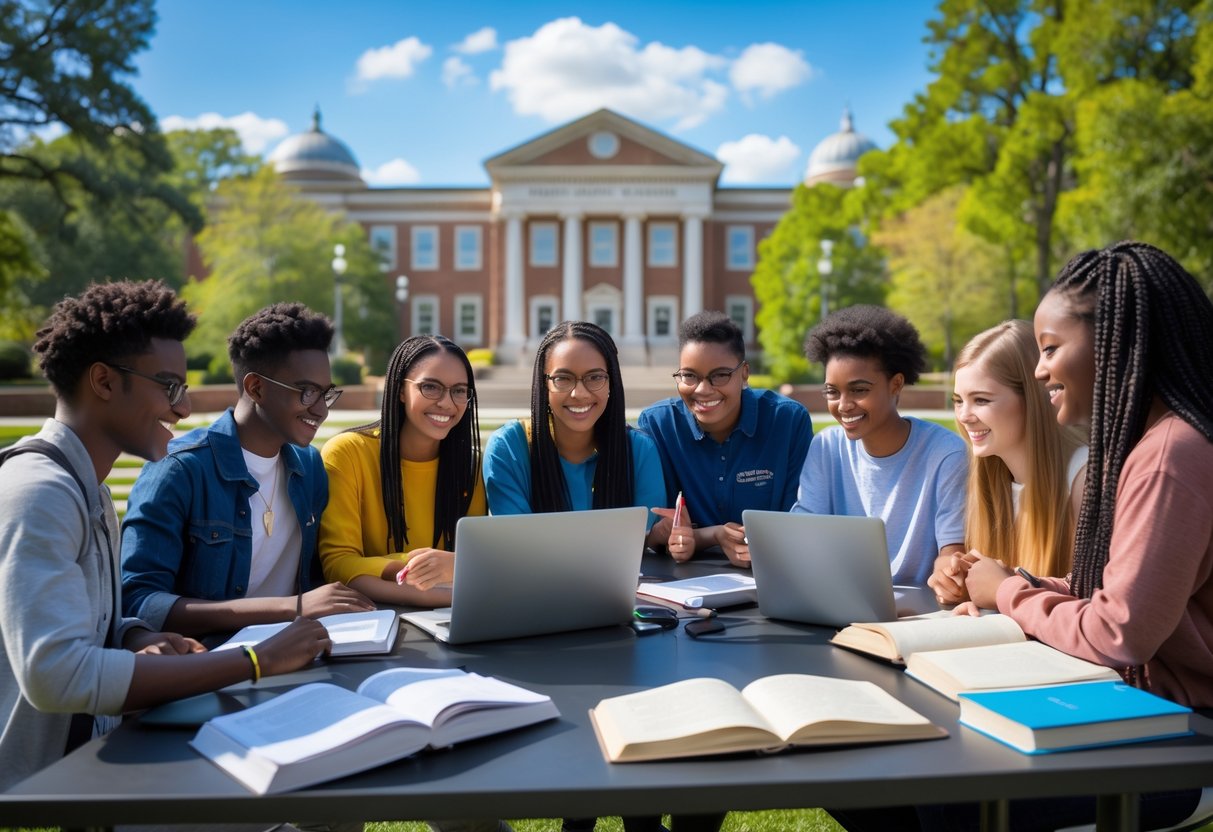 A diverse group of college students studying together outdoors on a university campus with buildings and trees in the background.