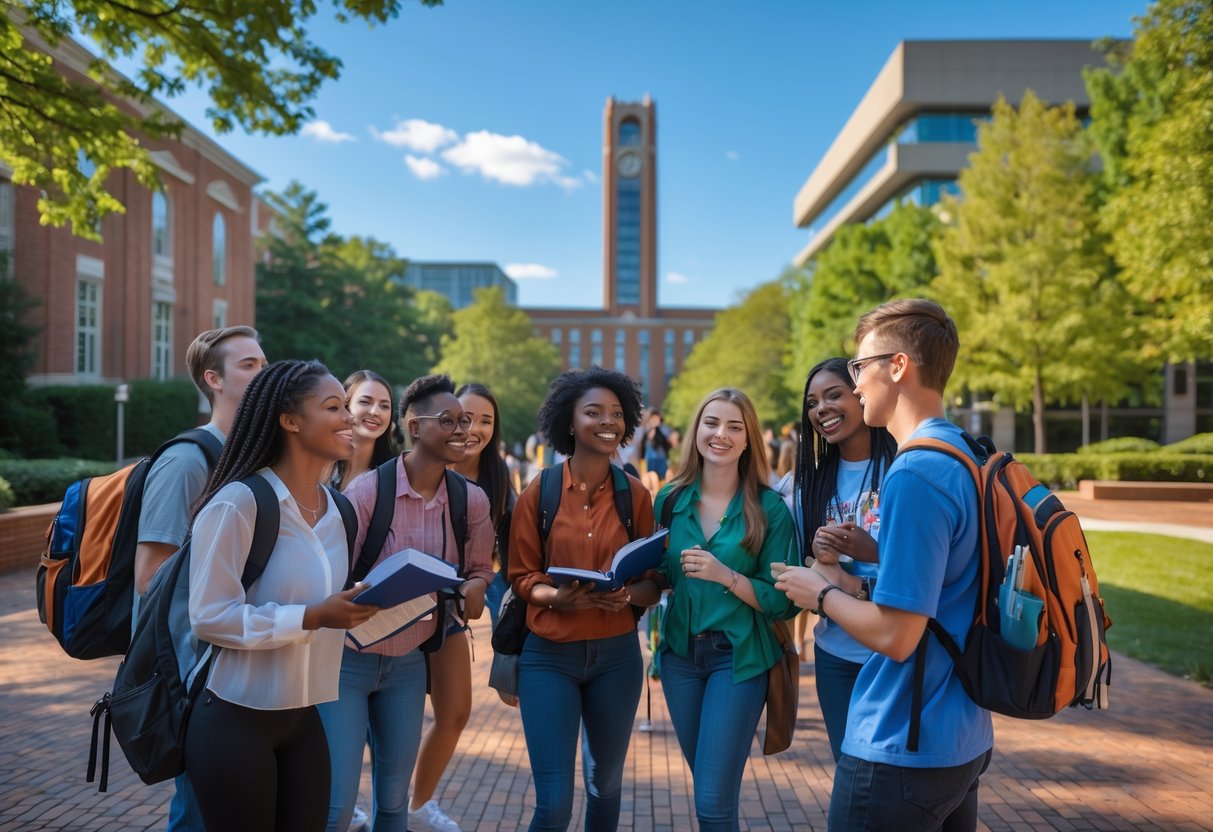 A group of diverse college students smiling and interacting outdoors on the Georgia Tech campus near iconic buildings and green trees.