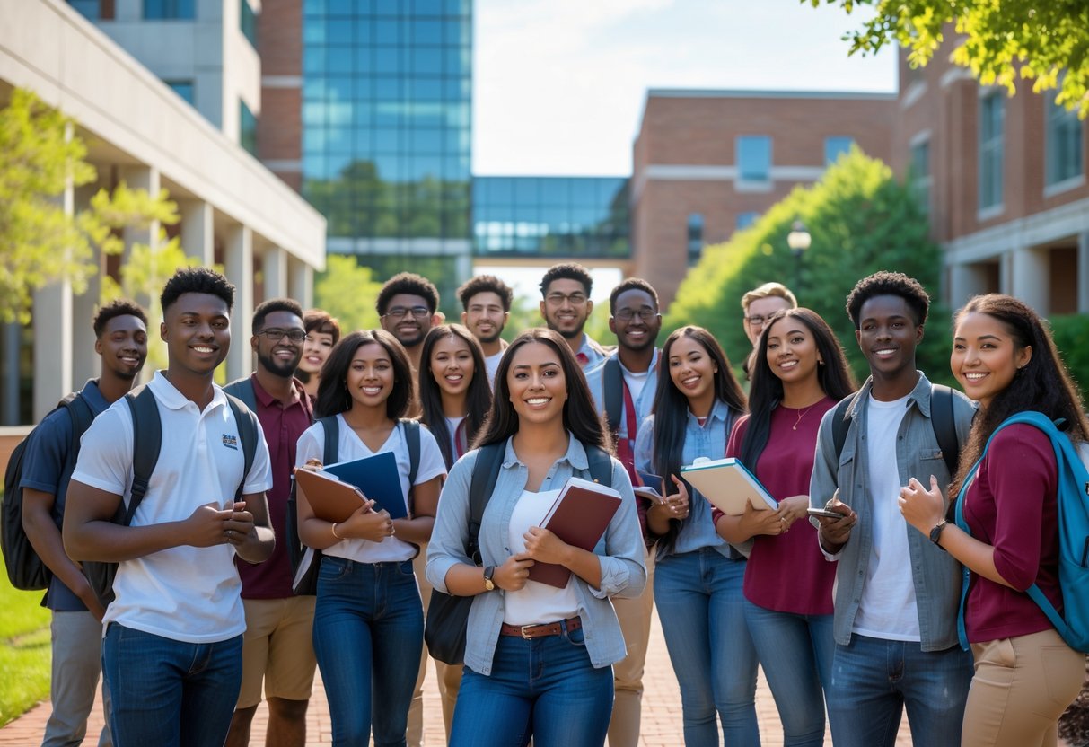 A diverse group of college students standing outside on a university campus, smiling and talking near modern buildings and trees.