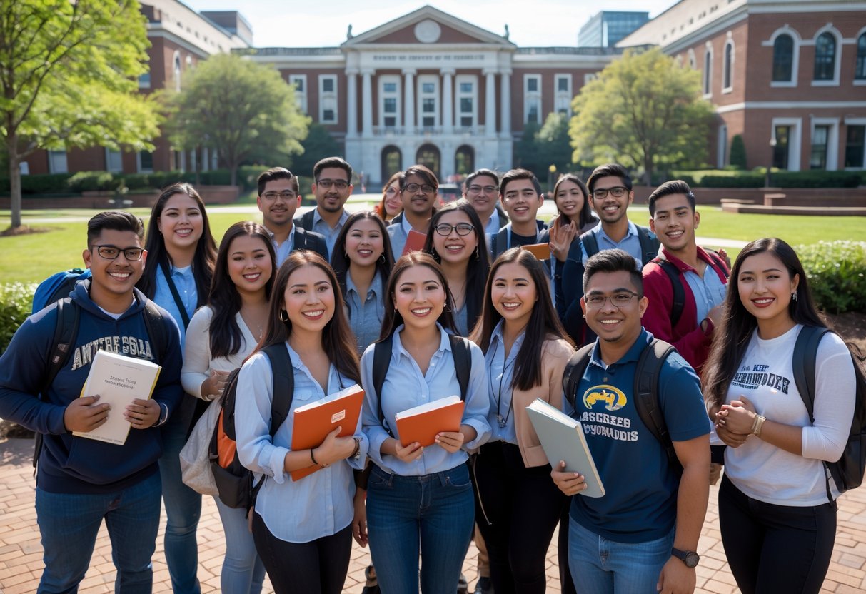 A group of Hispanic college students smiling outdoors on a university campus with buildings and trees in the background.