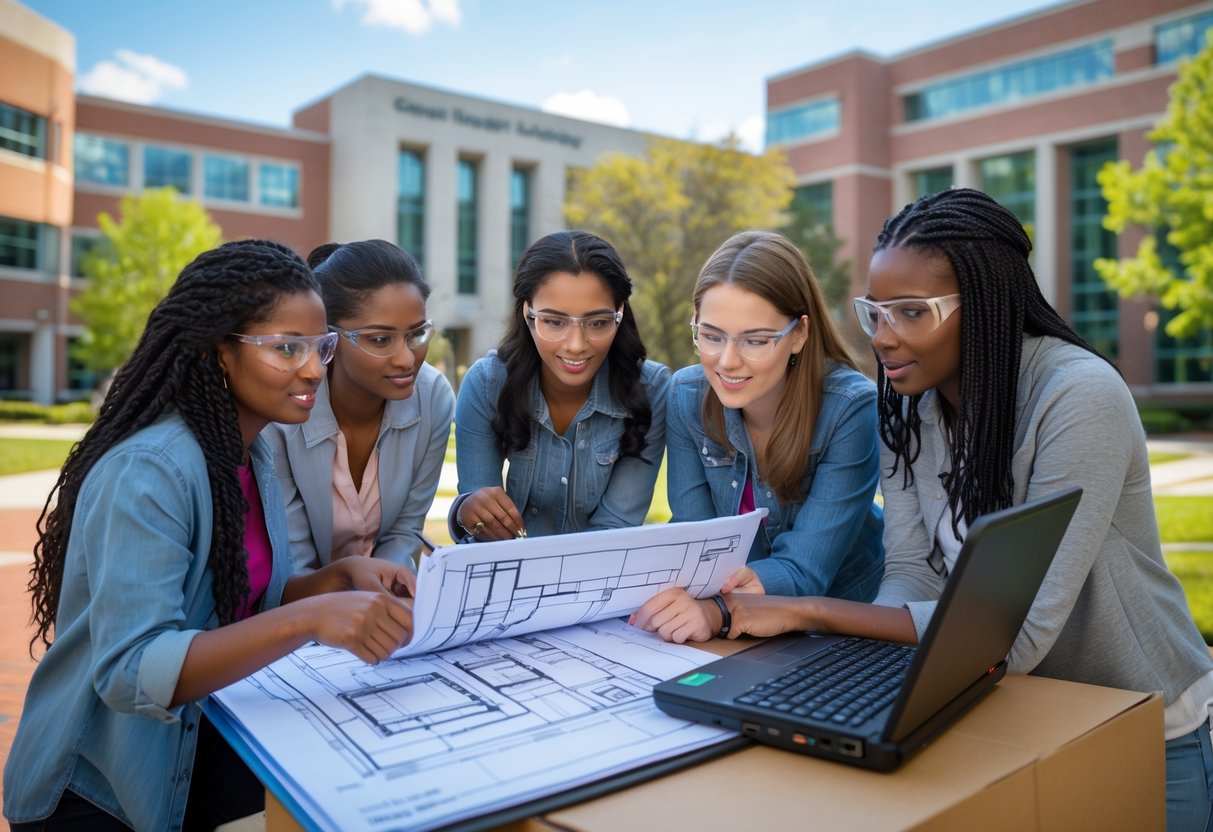 A diverse group of young women engineers working together outdoors on a university campus, reviewing blueprints and using a laptop.