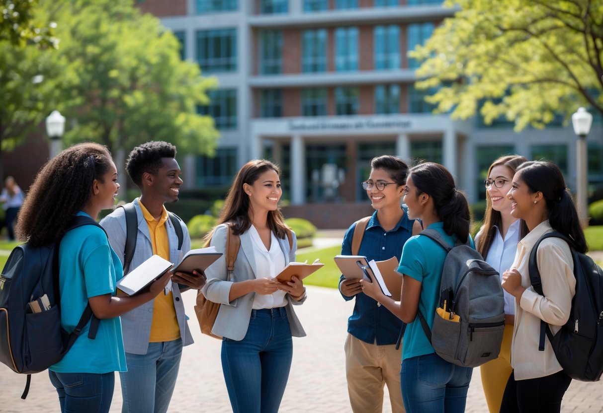 A diverse group of students talking and smiling outdoors on a university campus with modern buildings and trees in the background.